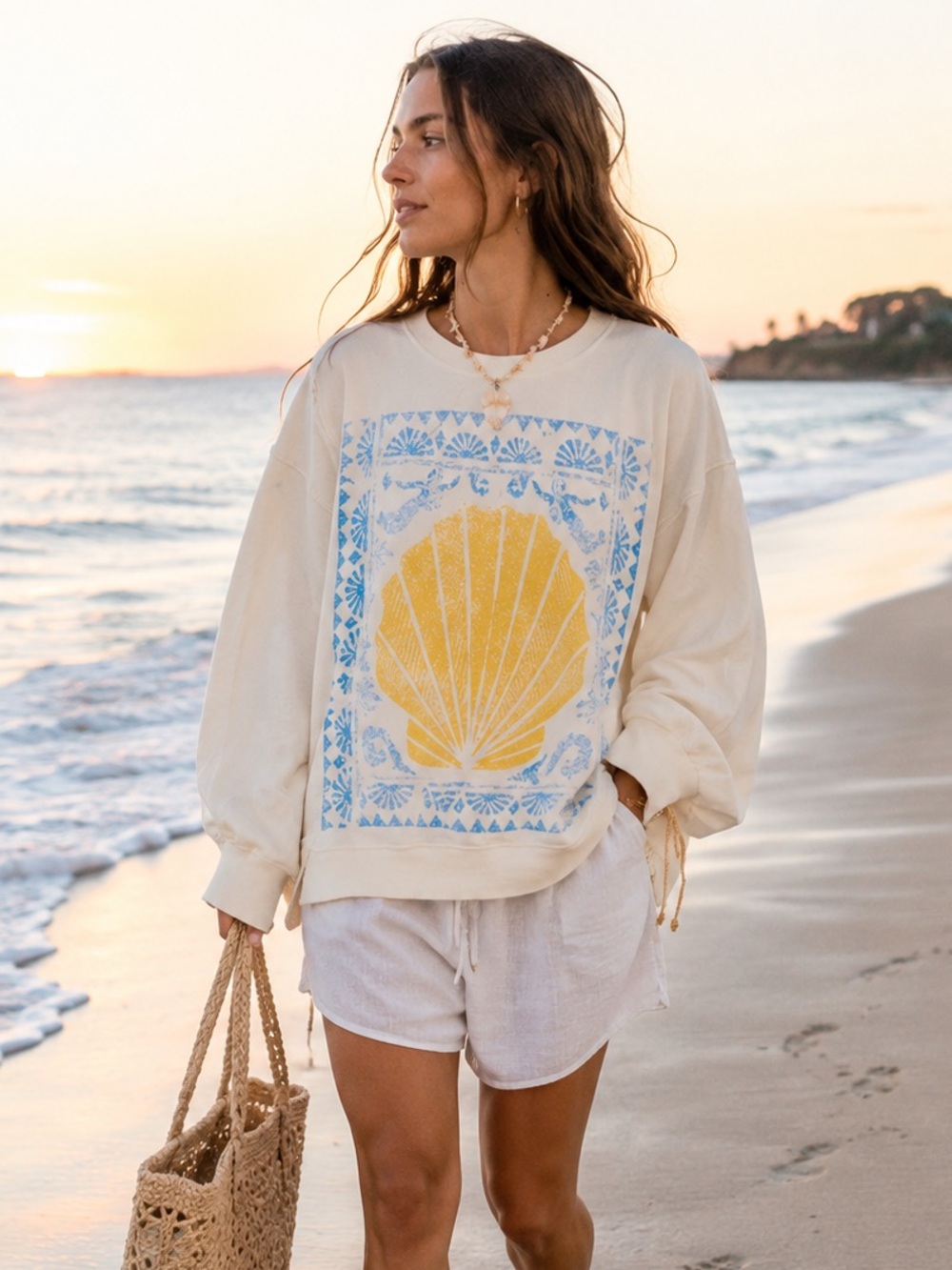 Free People Camden Shell Graphic Slouchy Pullover Sweatshirt NWT Medium PTP 38 - Picture 2 of 6